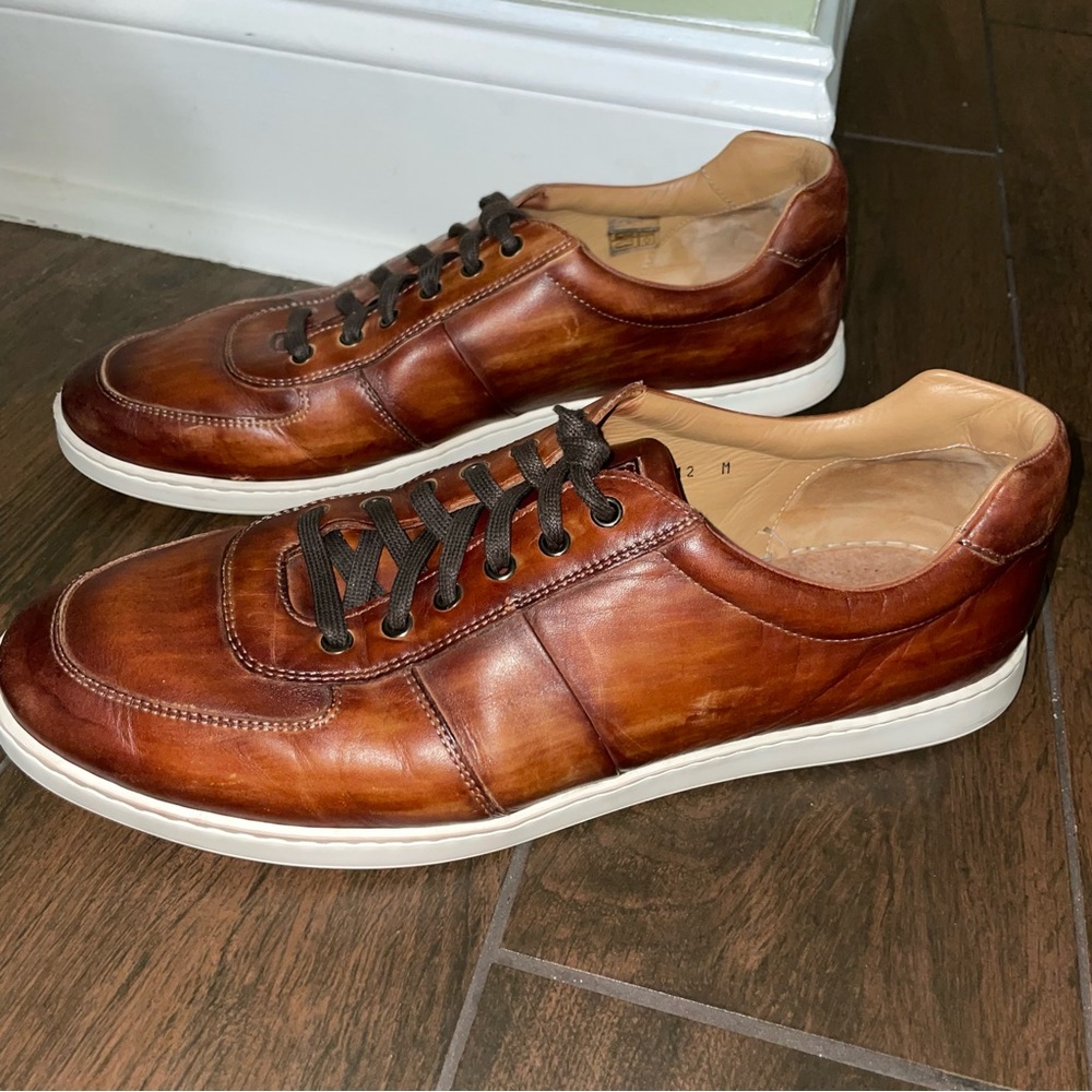 MAGNANNI Bobbie Cognac Tabaco Brown Leather Low Top Tie Sneakers Men's 12
